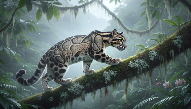 Behold the elusive clouded leopard on a mossy branch in a misty rainforest. This atmospheric image symbolizes stealth and natures beauty, ideal for environmental and editorial projects.