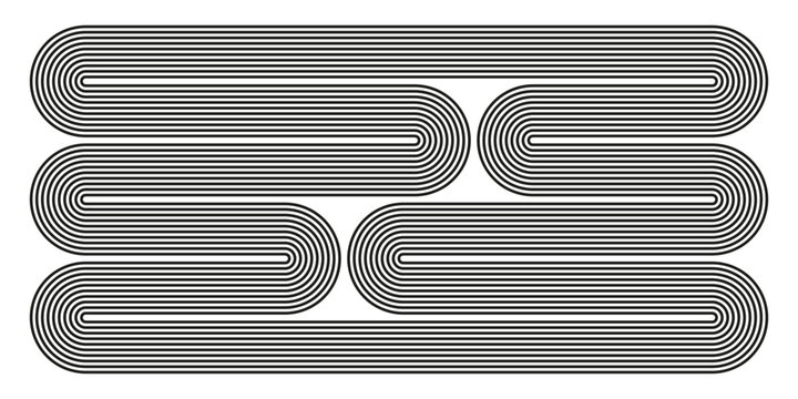 Abstract geometric linear shape. Black parallel continuous lines with rounded corners. Minimalist retro optical illusion vector.