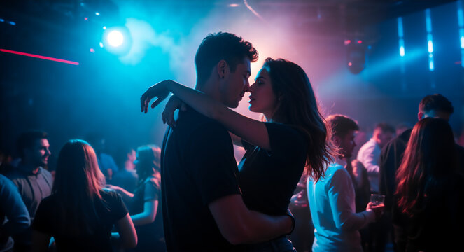Couple dancing in a crowded nightclub. Romantic pair embracing under colorful neon lights