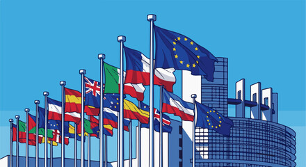 Obraz premium Diverse flags fly proudly in front of a modern, circular building under a bright blue sky
