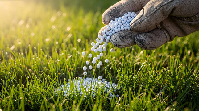 Macro shot of a hand in gardening glove scattering fertilizer granules on fresh green lawn.