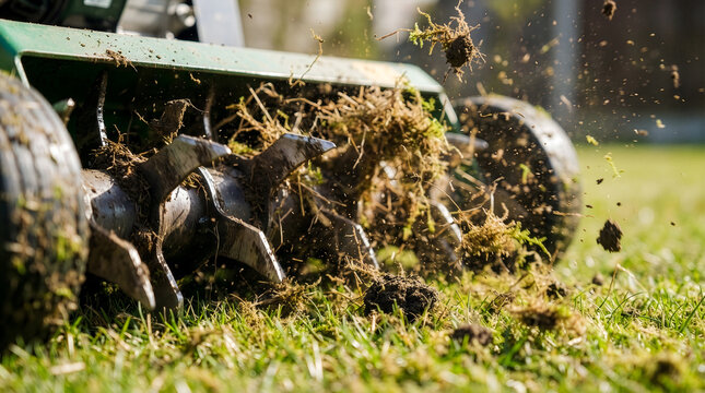 Close up of a lawn scarifier machine removing dry thatch and moss from green grass.