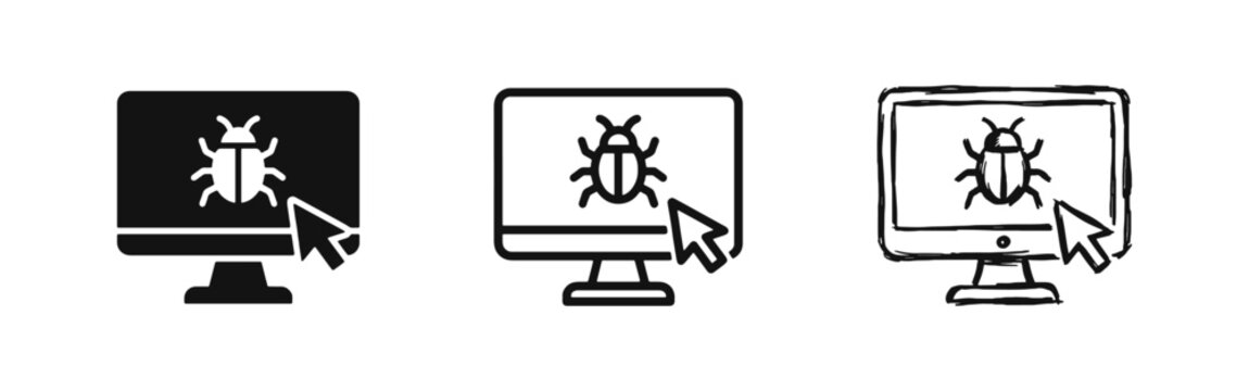 Computer bug and virus icon set on monitor screen in solid outline and hand drawn styles