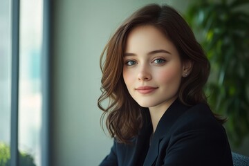Fototapeta premium Young professional woman with brown hair and blue eyes sitting in a modern office space