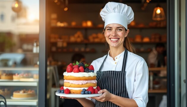Smiling woman baker wears chef hat and apron holds berry decorated cake. Bakery interior shelves stocked with pastries visible in background. Bright natural light streams in.