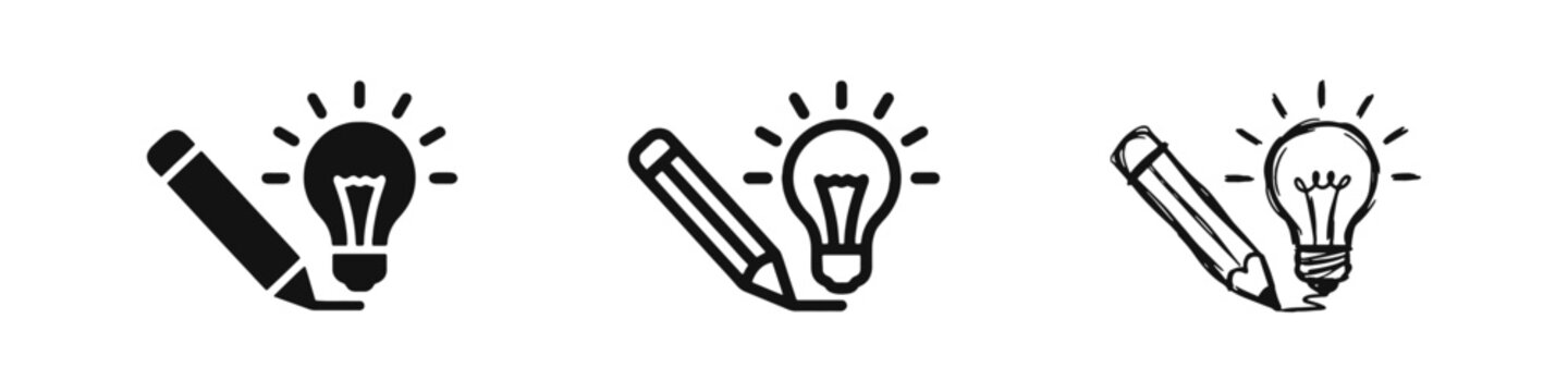 Creative idea lightbulb and pencil icon set in solid outline and hand drawn styles