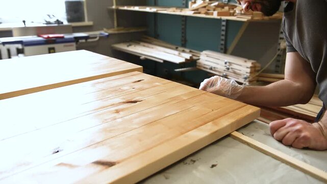 Master carpenter, Applying natural oil on natural wood product.