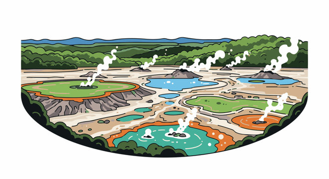 Diverse geothermal pools and steaming vents surrounded by verdant hills and distant mountains