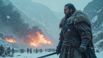 Obraz premium Bearded man in fur coat stands in blizzard. His soldiers gather in snowy valley with fires burning. He holds sword, ready for battle. Epic scene, cold war.