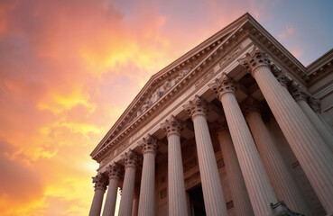 Naklejka premium Neoclassic building facade with tall columns against dramatic orange sky. Architecture exterior features classical elements. Government structure facade details.