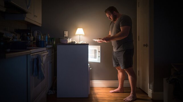 Man standing in dim kitchen at night eating a snack by open fridge light, late night hunger and loneliness concept, moody home interior scene.