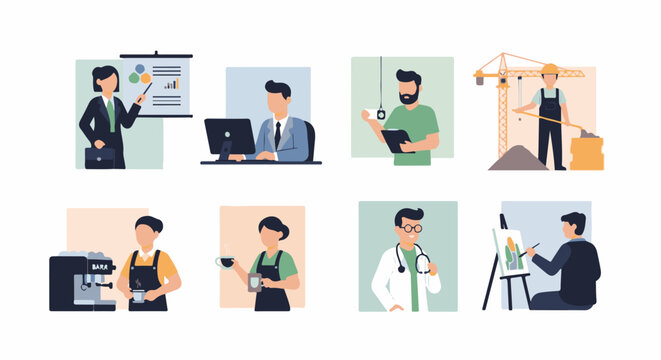 Diverse professionals at work presenter, coder, construction worker, barista, doctor, and artist