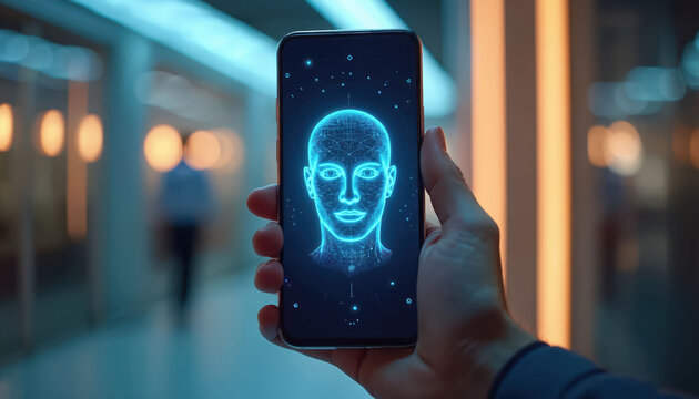 Hand holds phone with glowing blue face scan. AI app identifies person. Modern office background. Secure access via mobile device. Future tech.
