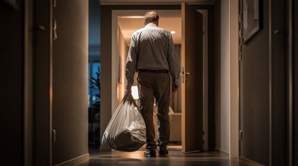 Fototapeta premium Man walking down hallway carrying large trash bag at home, rear view indoor scene with warm light and copy space for cleaning or household chore concepts.