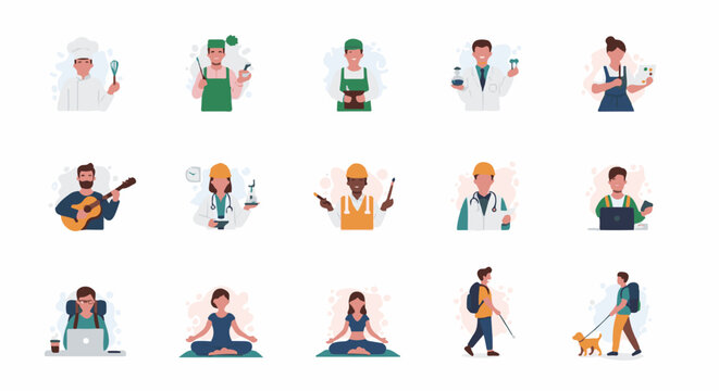 Diverse occupations and leisure activities illustrated in a grid format