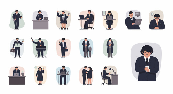 Diverse office workers shown in various tasks, including using technology, commuting, and collaborating