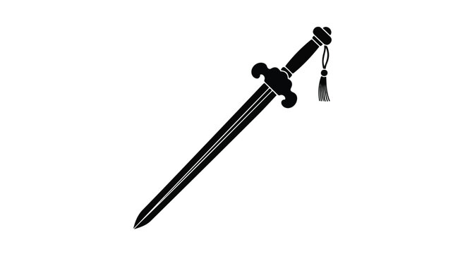 A black sword with a tassel on its hilt against a plain white background in a close-up view.