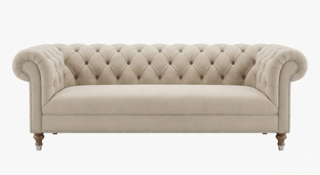 Divano color beige con classica lavorazione capitonn&eacute; e gambe in legno. Generative AI 