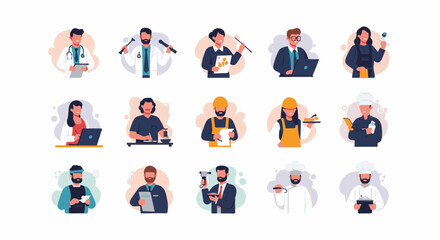 Fototapeta premium Diverse professionals depicted in a clean, flat illustration style with simple backgrounds