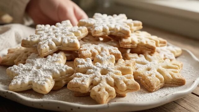 Delicately dusted snowflake shortbread cookies piled on a festive plate