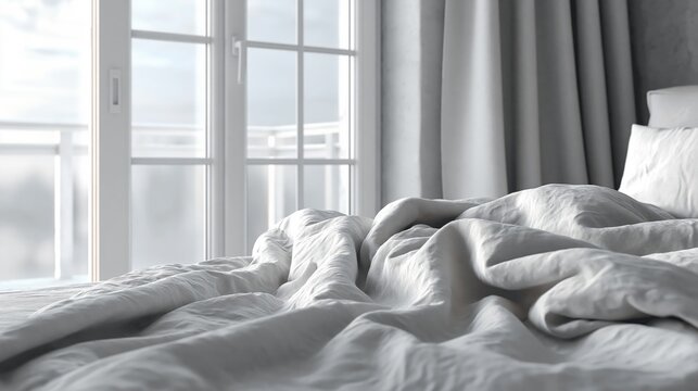 Unmade bed with wrinkled white sheets in soft morning light, close up view of cozy bedroom interior with large window and curtains, relaxing atmosphere.