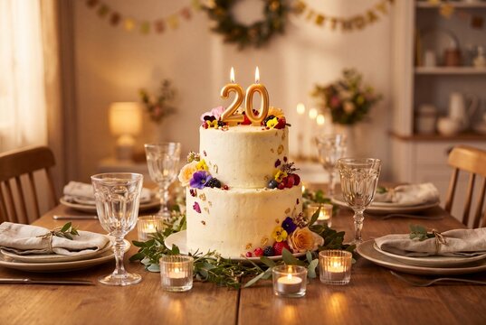Two-Tier 20th Birthday Cake with Edible Flowers on Festive Table