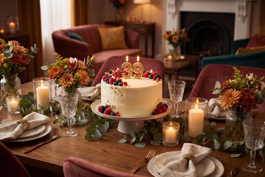 Elegant 39th Birthday Celebration Cake on Decorated Table with Candles