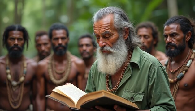 Elderly bearded man reads book to indigenous men in jungle. Natives listen attentively to storyteller sharing wisdom. Cultural exchange in tropical forest, education and tradition.
