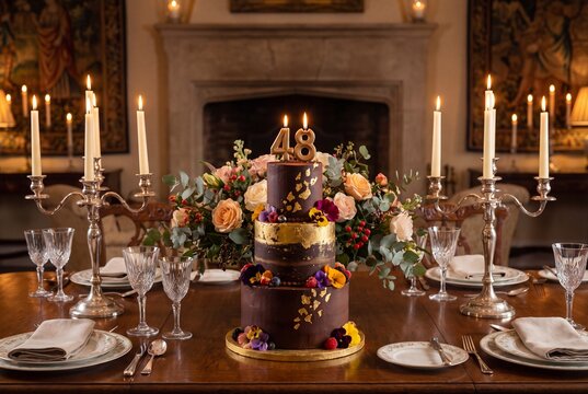 Elegant 48th Birthday Dinner with Multi-Tiered Chocolate Gold Cake