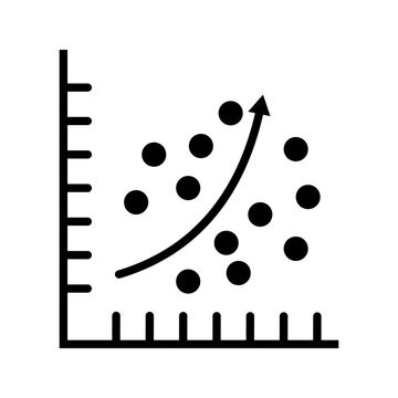 Outline icon of scatter chart with upward trend line representing analytics, statistics, and data growth.
