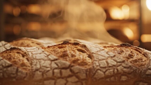 Warm artisan bread with steam rising from its golden crust in a bakery setting, showcasing its freshness.