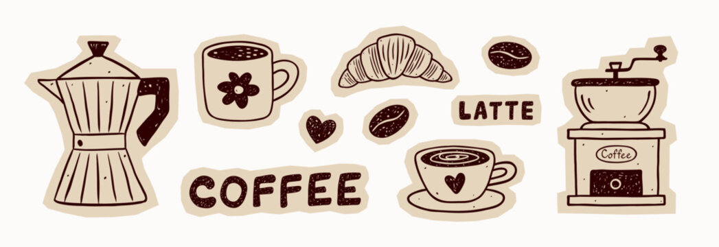 Set of coffee hand drawn doodle sketch. Morning breakfast. Cup coffee, croissant, coffee grains, grinder, geyser maker in crayon, chalk, ink drawing style. Vector whimsical line art.