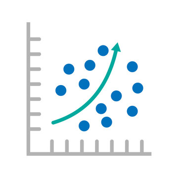 Outline icon of scatter chart with upward trend line representing analytics, statistics, and data growth.