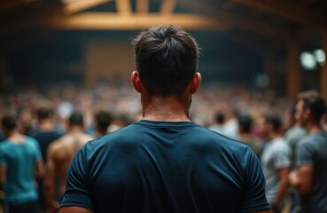 Fototapeta na wymiar Man sweaty back faces blurred crowd indoors after intense workout session. Focused athlete, post-exercise exhaustion, feeling community spirit, shared effort in dark room. Energetic fitness