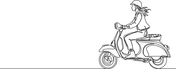 continuous line drawing of woman on motor scooter, line art vector illustration © Christian Horz