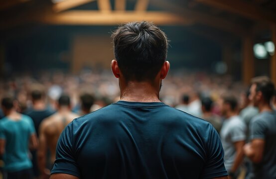Man sweaty back faces blurred crowd indoors after intense workout session. Focused athlete, post-exercise exhaustion, feeling community spirit, shared effort in dark room. Energetic fitness