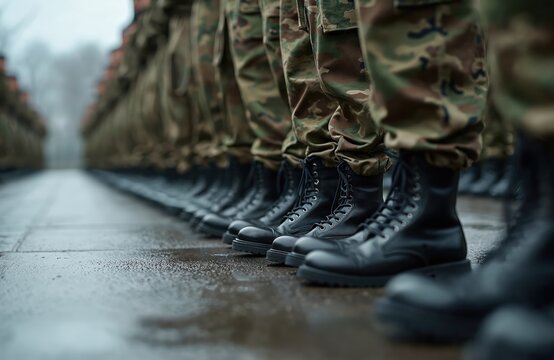 Soldiers in camouflage uniforms and black combat boots stand in formation on wet pavement. Rows of military personnel are lined up, ready for duty. This image conveys discipline and order.
