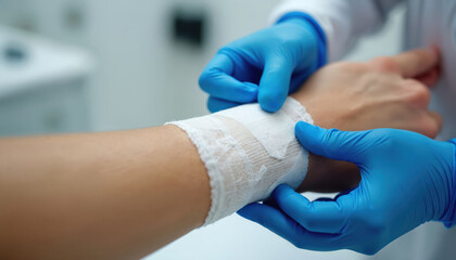 Obraz premium Medical worker in blue gloves wraps patient wrist with white gauze bandage. Close up of wound care treatment. Professional helping with arm injury.
