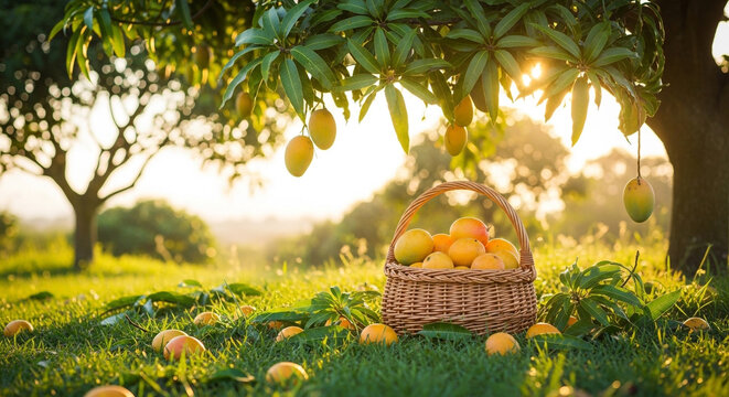 Fresh mangoes in a wicker basket under a mango tree at sunset