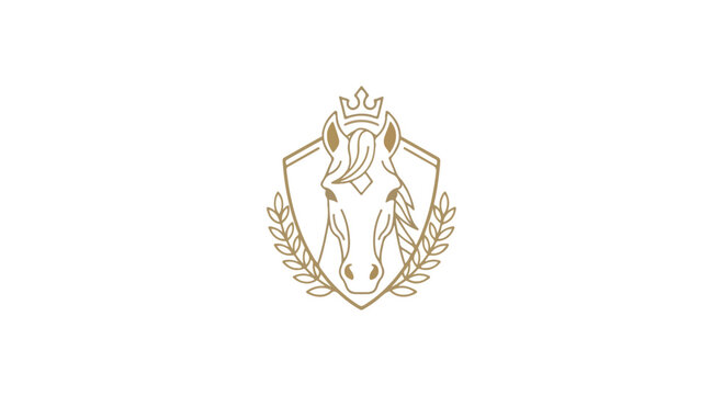 Golden logo featuring a horse head with a crown on a shield surrounded by laurel leaves on a white background.