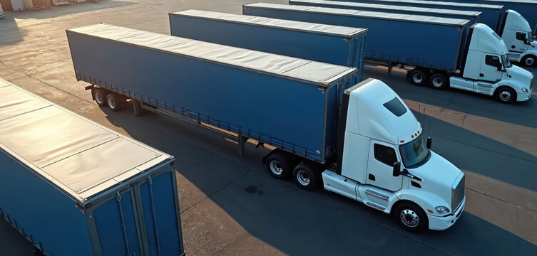 Many white semi trucks with blue cargo trailers parked on lot. Heavy vehicles await transport job. Logistics company fleet ready for haul, shipping goods cross country.