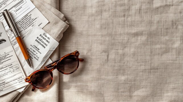 Travel flat lay with sunglasses, boarding pass, tickets and pen on linen fabric background, wide copy space on right for travel blog, banner or advertising design.