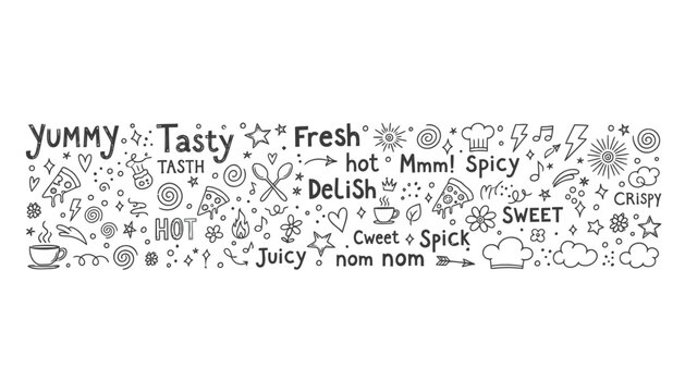 Food icons, tasty words, culinary phrases, delicious labels, vector graphics