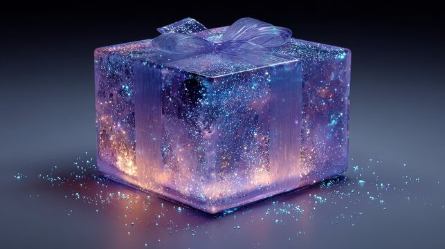 Abstract neon particle bow gift box with flickering starlight, glowing gradient shadows, dreamy luminous decoration, modern futuristic design