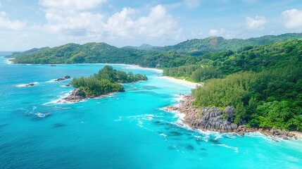 Obraz premium topdown. Aerial view of turquoise coastal waters meeting white sandy shores under bright sunlight. travel magazines, destination branding, designed for outdoor magazines and nature guides.