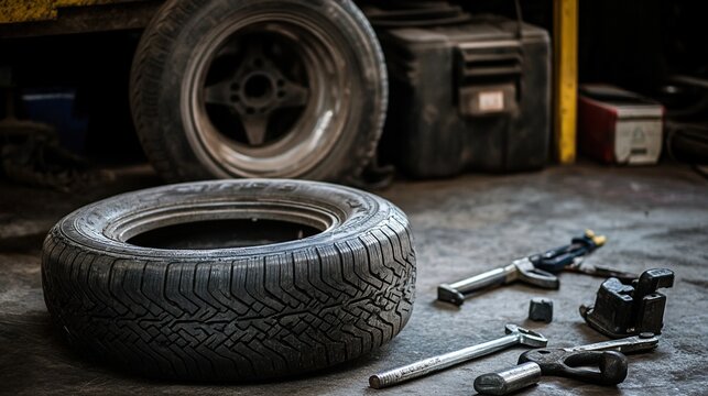 handyman. Tire and tools neatly placed on a garage floor under focused workshop lighting. mobility guides, transit brochures, designed for transport & logistics marketing, improves user orientation.