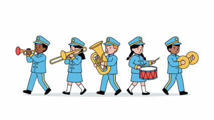 Children marching band playing musical instruments in blue uniforms