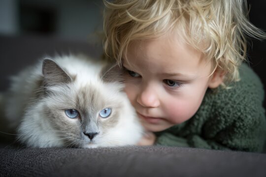 Young child interacts with a cat as signs of pet allergy appear due to exposure to pet fur and dander in a living room setting