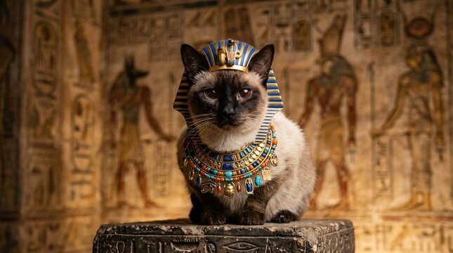 Regal Siamese Cat Portrait in Ancient Egyptian Pharaoh Costume Adorned with Golden Headdress and Ornate Jewelry Seated Majestically on Stone Plinth Amidst Hieroglyphic Walls