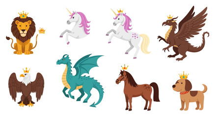 Obraz premium Set of Magical Animals and Mythical Creatures with Golden Crowns, Vector Flat Illustrations of Lion, Unicorn, Dragon, Griffin, Eagle, Horse, and Dog Isolated on White